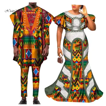 2020 din Africa de Îmbrăcăminte din Africa Rochii pentru Femei Bazin Cămașă și Pantaloni Barbati 3 Piese Seturi de Cupluri Iubitor de Haine Rochie de Imprimare WYQ423