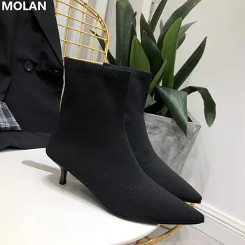 MOLAN Design de Brand 2020 Moda Sexy Tocuri Pisoi Tesatura Stretch pentru Femei Cizme Glezna Socofy Slim Ciorap coreean Pantofi Botine Chelsea