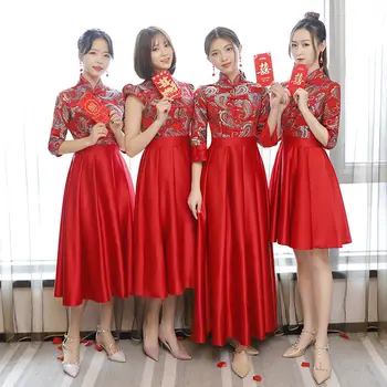 Roșu Stil Chinezesc domnisoara de Onoare Rochie de Mireasa Mandarin Guler Elegant Qipao Stil NOU Plus Dimensiune XXXL Sexy Cheongsam Vestidos