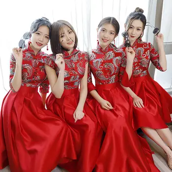 Roșu Stil Chinezesc domnisoara de Onoare Rochie de Mireasa Mandarin Guler Elegant Qipao Stil NOU Plus Dimensiune XXXL Sexy Cheongsam Vestidos