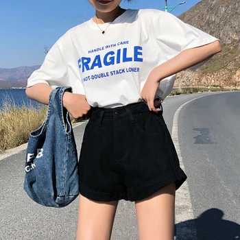 Denim pantaloni Scurți Femei Alb negru Blugi albastru Largi Picior de Epocă Talie Mare Scurt Femeie coreean chic de Vara doamnelor Streetwear Scurt
