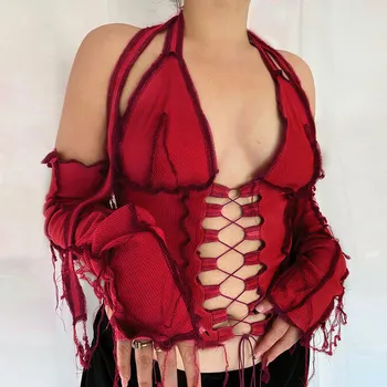 C 2020 Mozaic Căpăstru Sexy De Pe Umăr Crop Top Pentru Femei De Moda Streetwear V-Neck Teuri Gol Afară De Cruce Bandaj Taie Tricouri