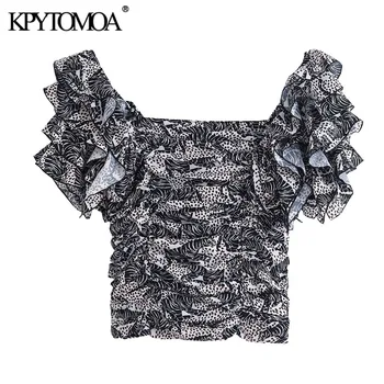KPYTOMOA Femei 2020 Moda Animal Print Ciufulit Trunchiate Bluze Vintage Square Guler Maneci Scurte de sex Feminin Tricouri Topuri Chic
