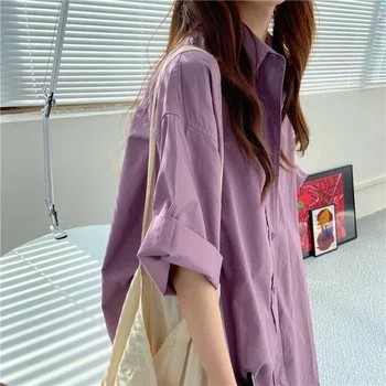 Femei Vara coreeană stil Liber BF Scurt-maneca Lunga Tricouri Student Single-breasted Preppy-stil Liber Bluze All-meci Chic