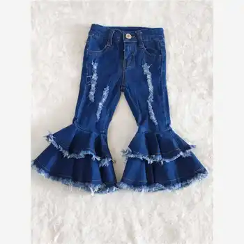 Nou Pentru Copii Fete Vintage Albastru Dublu Clopot Jos Blugi Denim Pantaloni Cu Talia Inalta Denim Tigăi Pentru Tineri