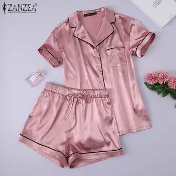 ZANZEA Talie Elastic Feminino Cămășuță de noapte camasa de noapte de Vară Solidă Maneca Scurta, Pijamale Femei, Casual, Buzunare Pyjama Set Plus Dimensiune