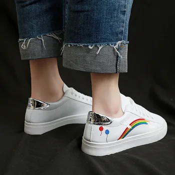 2020 Femei Curcubeu Adidași De Moda Breathble Vulcanizat Pantofi Din Piele Pu Platforma Dantela-Up Casual Alb Rainbow Wild