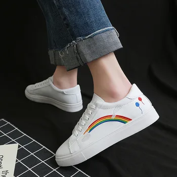 2020 Femei Curcubeu Adidași De Moda Breathble Vulcanizat Pantofi Din Piele Pu Platforma Dantela-Up Casual Alb Rainbow Wild