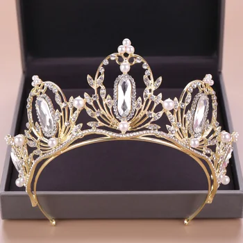 Vintage Baroc Cristal Stras Pearl Regina Coroana De Aur Bijuterii Frizură Coroana De Ziua De Mireasa Accesorii De Par De Nunta Cadou