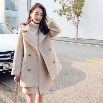 Mooirue de Iarnă Haină de Lână 2 Bucata Set pentru Femei Vintage Vrac Carouri Haina+Talie mare O Linie de Lână Fuste Mini Stil coreean Cald Set