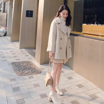 Mooirue de Iarnă Haină de Lână 2 Bucata Set pentru Femei Vintage Vrac Carouri Haina+Talie mare O Linie de Lână Fuste Mini Stil coreean Cald Set
