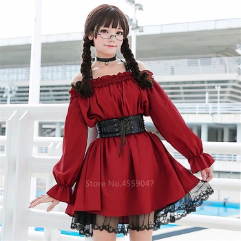Adult Anime Cosplay Costum Menajera Lolita Rochie Medievală Vin Dulce Rosu Gotic Sexy Umăr Pe Kawaii Petrecere De Lux Fata De Halloween