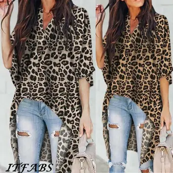 Femei Leopard de Imprimare Jumătate Maneca Bluza Casual de Vara Vrac V gât Topuri Tricou Pulover