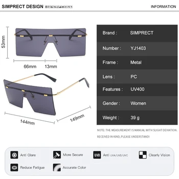 SIMPRECT fără ramă Supradimensionat ochelari de Soare Femei 2021 Moda Pătrat Oglindă Ochelari de Soare de Brand Designer de Epocă Nuante Pentru Femei