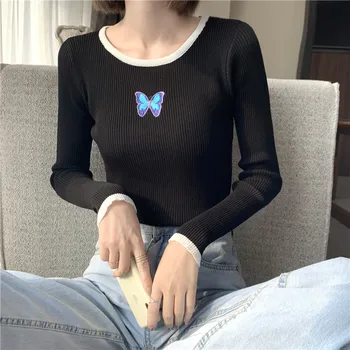 Complet Maneca Patch-uri O-gât Tricotate T-shirt Fete Solid Elastic Fata Fluture Topuri Culturilor de Toamnă Teuri Pentru Femei