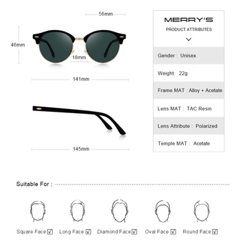 MERRY Femei Clasic Retro Nit Polarizat ochelari de Soare Unisex Ochelari de Moda de sex Masculin Ochelari de Protecție UV400 S8054N