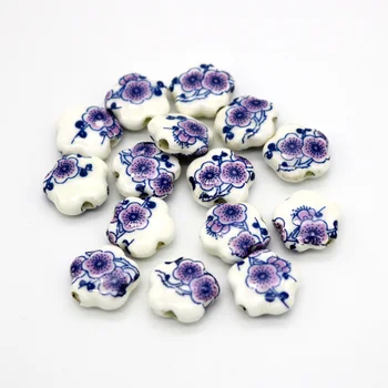 Bijuterii Margele 100buc/lot Plum Blossom Ceramică Margele de Flori Handmade Albastru și Alb, Ceramice, Portelan, Margele 15*6mm Gros