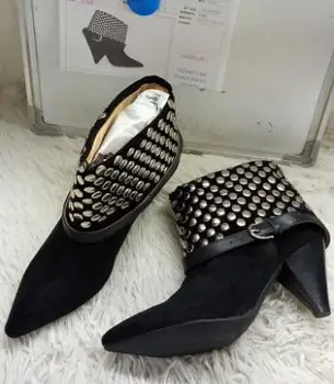 Stil Celebritate Otway Imbracat In Piele Împânzit De Piele De Căprioară Cizme Glezna, Catarama Curea Negru Botine Pantofi Cu Toc Pantofi Nit Femeie Botas