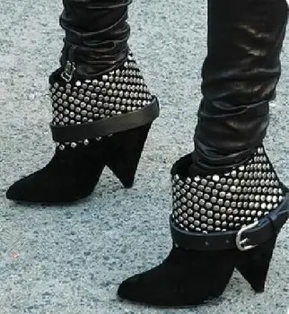 Stil Celebritate Otway Imbracat In Piele Împânzit De Piele De Căprioară Cizme Glezna, Catarama Curea Negru Botine Pantofi Cu Toc Pantofi Nit Femeie Botas