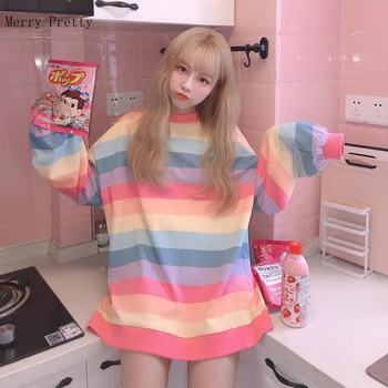 Roz cu Dungi Curcubeu Supradimensionat 2xl Tricouri Pentru Femei de Vară 2020 Maneca Lunga O-neck T Shirt Stil coreean Doamnelor Topuri Tricouri