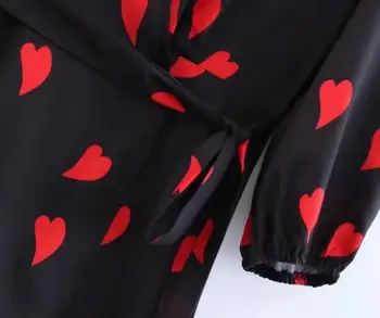2020 franceză Cruce V gât Roșu Inima Print Wrap Dress Black Vintage Cheotoare Talie Split Femei Subțire maneca 3/4 Mult Ceai Rochii
