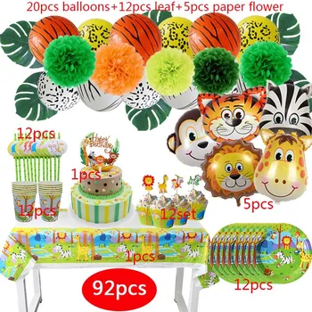 92pcs Petrecerea Set de Animale Balon Tacamuri Petreceri Aniversare pentru Copii Decoratiuni Copil de Dus Jungla Safari Consumabile Partid
