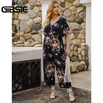 GIBSIE Wrap V-Gat imprimeu Floral Picior Salopeta Femei Vacanta de Vara Casual, Boho Tunica Talie Mare Plus Dimensiune Salopete 2020