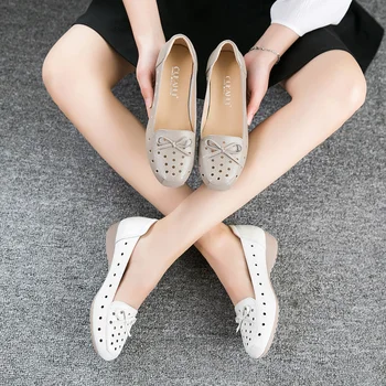 OUKAHUI Respirabil Piele naturala Pantofi de Vara pentru Femeie 2019 Plat Toc mic Bowknot Gol Afară din Piele Alunecare Pe Pantofi Pentru Femei Moale