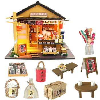 Stil japonez Magazin Alimentar 3D din Lemn, Păpuși Miniaturas cu Mobilier DIY casa papusa kit de jucărie pentru Copii cadou de naștere.