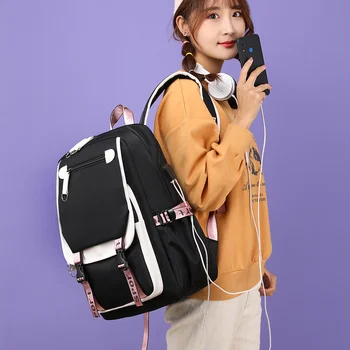 Nailon Rucsac pentru laptop Femei ghiozdane pentru Fete Adolescente Stil Preppy de Mare Capacitate USB Back Pack Rucsac Tineret Bagpack 2019