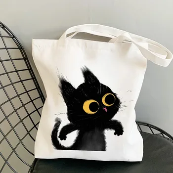 Drăguț Tote Sac Animale Pisica Neagra Imprimare Panza De Sac Eco Geantă De Cumpărături De Zi Cu Zi De Utilizare Pliabil Geantă De Mână De Mare Capacitate Canvas Tote Femeile