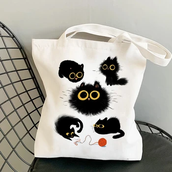 Drăguț Tote Sac Animale Pisica Neagra Imprimare Panza De Sac Eco Geantă De Cumpărături De Zi Cu Zi De Utilizare Pliabil Geantă De Mână De Mare Capacitate Canvas Tote Femeile