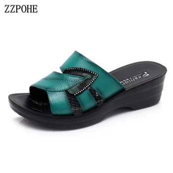 ZZPOHE 2018 Noi de Vanzare Hot Femei de Vara Aluneca Pe Piele sandale Sandale Femei Flip Flops Pene Platforma Doamnelor Pantofi de Plaja