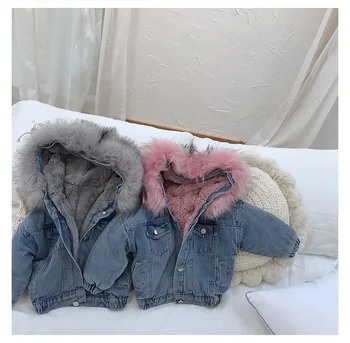 Fete de moda de iarna plus catifea de bumbac paltoane copii denim cu guler din blană jachete cu gluga copilul se ingroase îmbrăcăminte exterioară topuri 1-8Y W1110