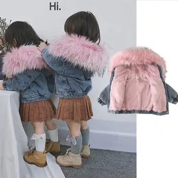 Fete de moda de iarna plus catifea de bumbac paltoane copii denim cu guler din blană jachete cu gluga copilul se ingroase îmbrăcăminte exterioară topuri 1-8Y W1110