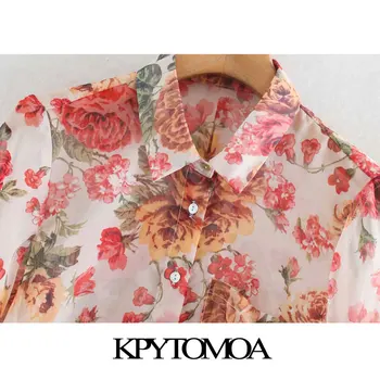 KPYTOMOA Femei 2020 Moda Sexy Transparent Print Floral Bluze Vintage Rever Guler Maneca Lunga Femei Tricouri Blusa Topuri Chic