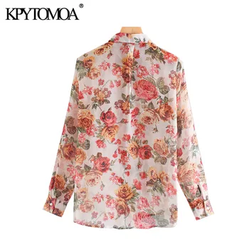 KPYTOMOA Femei 2020 Moda Sexy Transparent Print Floral Bluze Vintage Rever Guler Maneca Lunga Femei Tricouri Blusa Topuri Chic