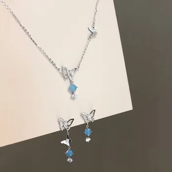 Coreeană Gradient Albastru Fluture Colier pentru Femei de Culoare de Argint Pandantiv Fluture Cravată Coliere Bijuterii Cadou
