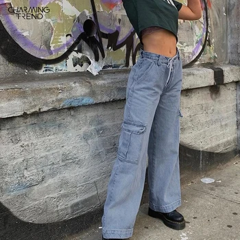 2020 Toamna Streetwear Buzunare Mozaic Talie Inalta Blugi Femei Vrac Direct Jean Femme Cargo Pantaloni Lungi pentru laides blugi