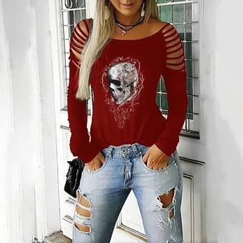 Goth Gol Afară de O Gatului Maneca Lunga Tricou pentru Femei de Vară de Primăvară Haine Casual Pierde Craniu de Imprimare Tee Top Doamnelor Streetwear