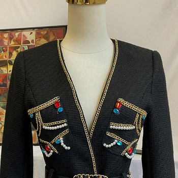 TWOTWINSTYLE Mozaic Lanț Pearl Haina Pentru Femei V-Neck Maneca Lunga Talie Mare, Cu Eșarfe Mini Jachete de Moda de sex Feminin Nouă Maree