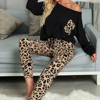 Leopard pentru Femei Acasă Costum Moale Două Bucăți Homewear Casual sex Feminin Set Tricou Maneca Lunga Pantaloni plini de Toamnă Doamnelor Pijamale