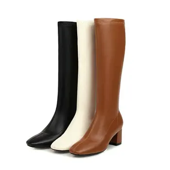 2020 PU moale solid de culoare maro negru deget de la picior pătrat femei cizme genunchi ridicat bloc tocuri inalte cizme de iarna pentru femei plus dimensiune mare 33-48
