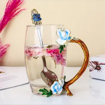 Elegant Rose Email Ceașcă Ceai de Flori Ceașcă de Sticlă rezistente la Căldură Birou de Cafea Ceasca de Suc de Băut o Ceașcă de Ceai cu Cana de Nunta Cadouri de Ziua de nastere
