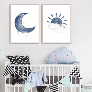 Copil Pepinieră Blue Canvas Wall Art Print Curcubeu Soare Lună Imagine Boho-Stil De Desen Animat Pictura Nordică Copii Băiat Dormitor De Decorare