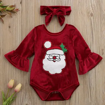 2019 Copil De Crăciun Îmbrăcăminte Copil Nou-Născut Fete Flare Maneca Lunga Zburli Salopeta Body Costume De Moș Crăciun De Pluș Haine