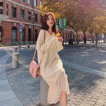 HAYBLST Brand Femeie Rochie 2020 Rochii Pulover Pentru Femei Toamna Iarna Haine Stil coreean Maneca Lunga Mozaic Kawaii Haine