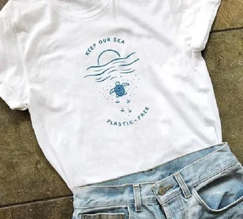 1buc Ținem Mare de Plastic Gratuite pentru Femei Tricou Sări Paie Salva broaște Țestoase Slogan T-shirt Fata Proteja Oceanul Tricouri Bumbac Topuri