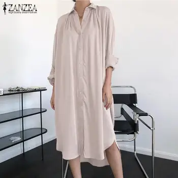 ZANZEA Femei Butonul Sundress Elegant Primăvară Rochie de Camasa Casual cu Maneci Lungi Asimetrice Vestidos de sex Feminin Solid Haina Plus Dimensiune