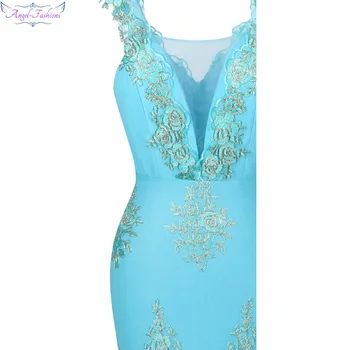 Angel-moda pentru Femei V-Gât Broderie Dantelă Flori Mermaid Rochie Lungă Lumina de Lavandă Albastru deschis 310